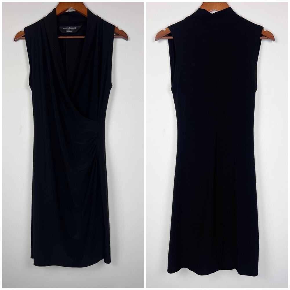 Norma Kamali Black Draped Surplice Midi Dress M Sleeveless Stretch Bodycon - Picture 2 of 11